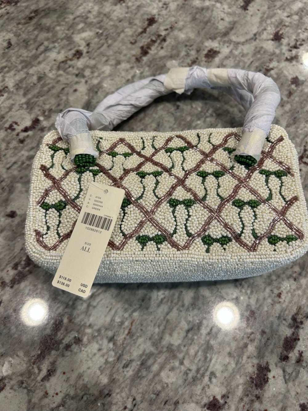 Anthropologie Beaded Cream Tote with Green Handles and Pink Accent - Picture 8 of 12